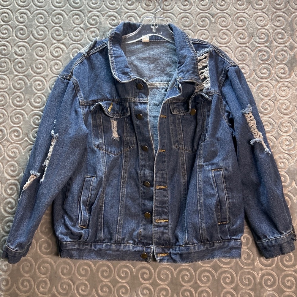 Womens Distressed Denim Jacket Blue Ripped‎ Pockets Button Up Casual Outerwear